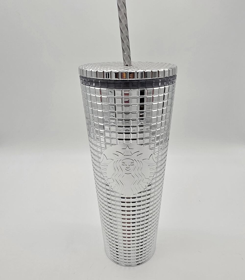 Starbucks 2023 Silver Disco Ball Mirror Grid Tumbler 24 oz Lid Straw